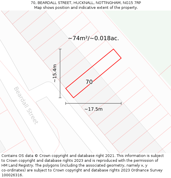 70, BEARDALL STREET, HUCKNALL, NOTTINGHAM, NG15 7RP: Plot and title map