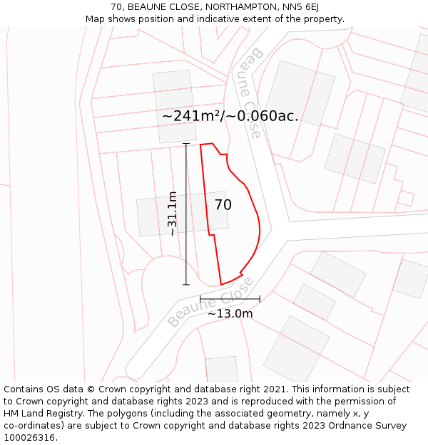 70, BEAUNE CLOSE, NORTHAMPTON, NN5 6EJ: Plot and title map