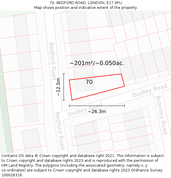 70, BEDFORD ROAD, LONDON, E17 4PU: Plot and title map
