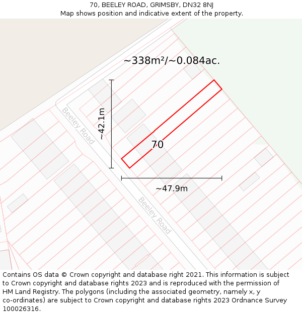 70, BEELEY ROAD, GRIMSBY, DN32 8NJ: Plot and title map
