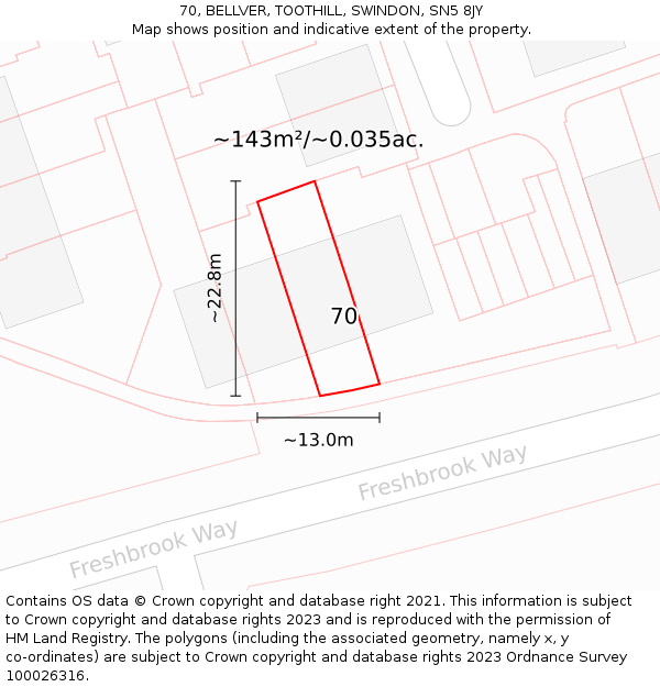 70, BELLVER, TOOTHILL, SWINDON, SN5 8JY: Plot and title map