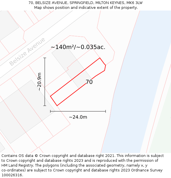 70, BELSIZE AVENUE, SPRINGFIELD, MILTON KEYNES, MK6 3LW: Plot and title map