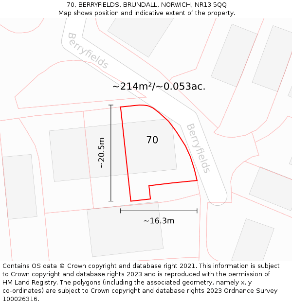 70, BERRYFIELDS, BRUNDALL, NORWICH, NR13 5QQ: Plot and title map