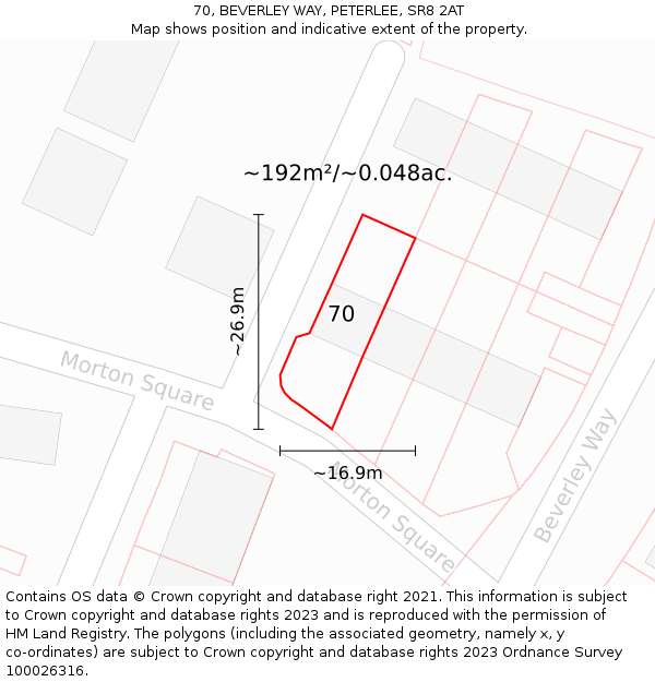 70, BEVERLEY WAY, PETERLEE, SR8 2AT: Plot and title map