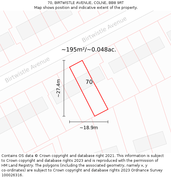 70, BIRTWISTLE AVENUE, COLNE, BB8 9RT: Plot and title map