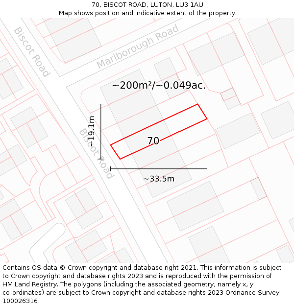 70, BISCOT ROAD, LUTON, LU3 1AU: Plot and title map
