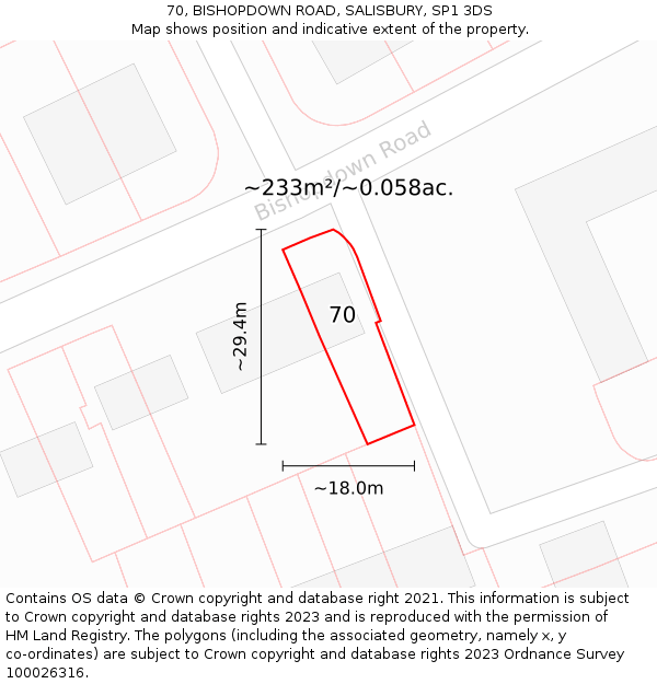 70, BISHOPDOWN ROAD, SALISBURY, SP1 3DS: Plot and title map
