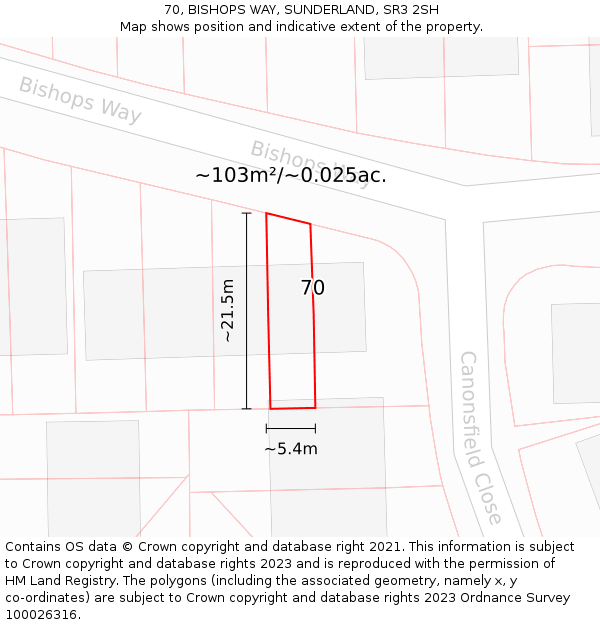 70, BISHOPS WAY, SUNDERLAND, SR3 2SH: Plot and title map