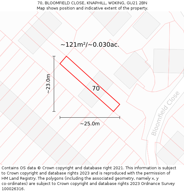 70, BLOOMFIELD CLOSE, KNAPHILL, WOKING, GU21 2BN: Plot and title map