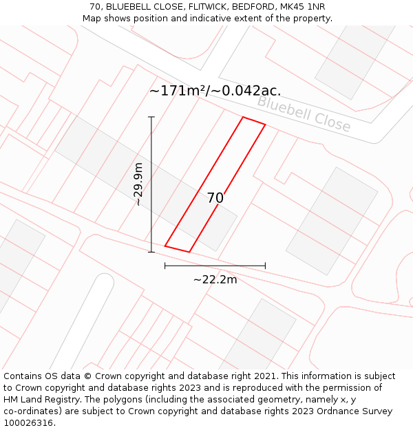 70, BLUEBELL CLOSE, FLITWICK, BEDFORD, MK45 1NR: Plot and title map