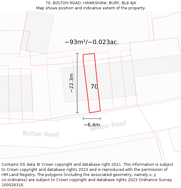 70, BOLTON ROAD, HAWKSHAW, BURY, BL8 4JA: Plot and title map