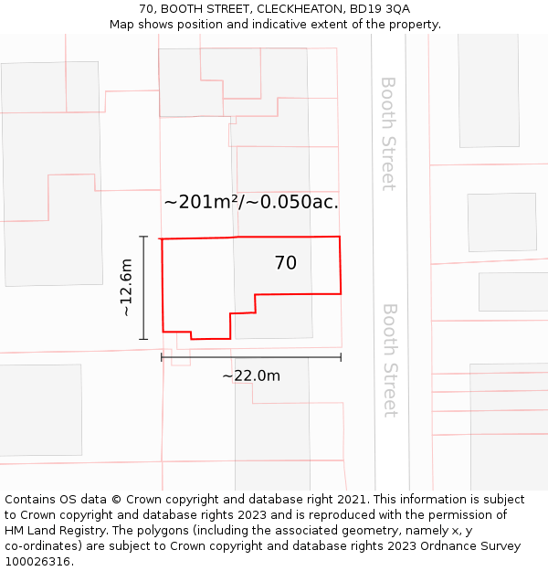 70, BOOTH STREET, CLECKHEATON, BD19 3QA: Plot and title map