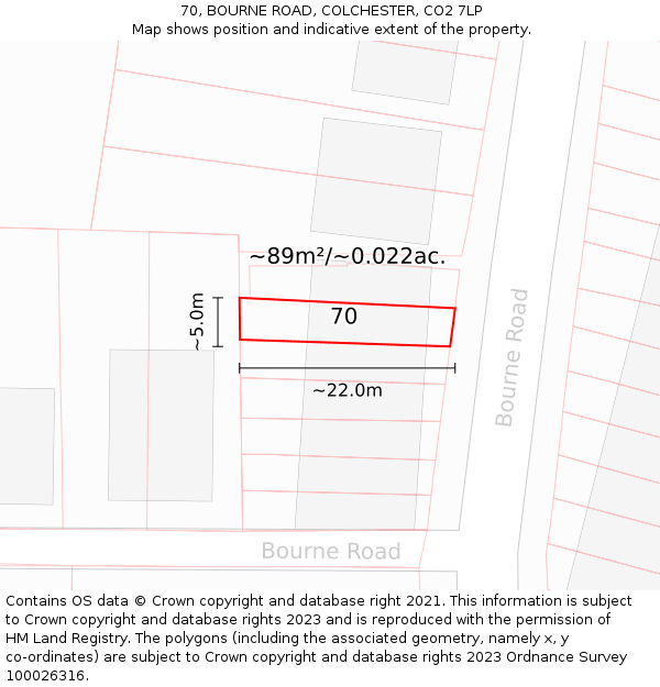 70, BOURNE ROAD, COLCHESTER, CO2 7LP: Plot and title map