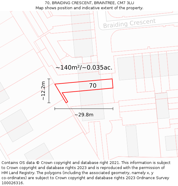 70, BRAIDING CRESCENT, BRAINTREE, CM7 3LU: Plot and title map