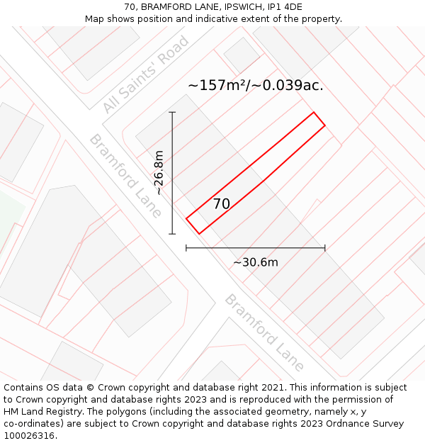 70, BRAMFORD LANE, IPSWICH, IP1 4DE: Plot and title map