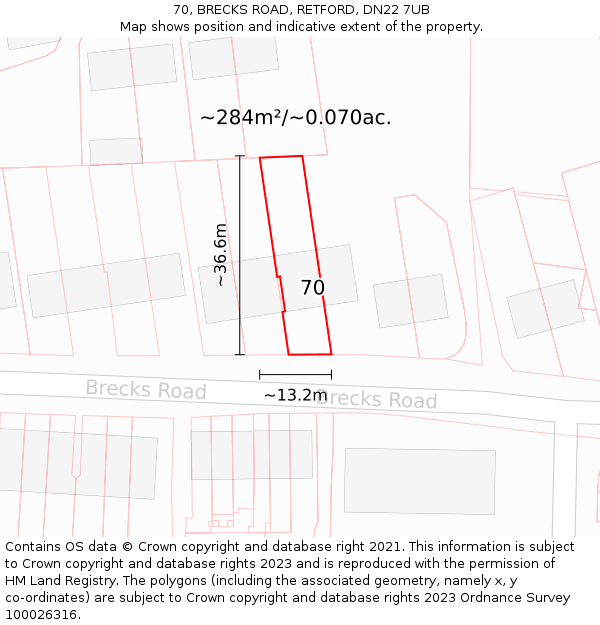 70, BRECKS ROAD, RETFORD, DN22 7UB: Plot and title map