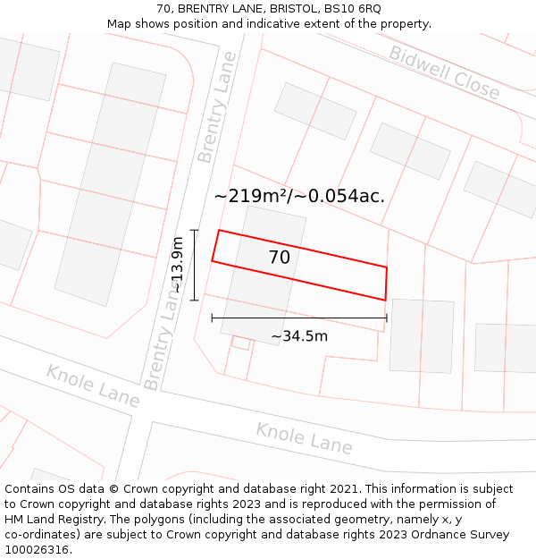 70, BRENTRY LANE, BRISTOL, BS10 6RQ: Plot and title map