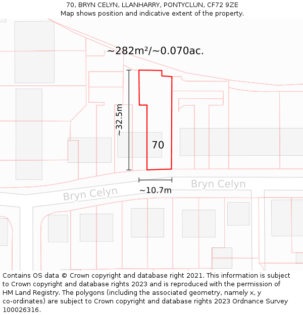 70, BRYN CELYN, LLANHARRY, PONTYCLUN, CF72 9ZE: Plot and title map