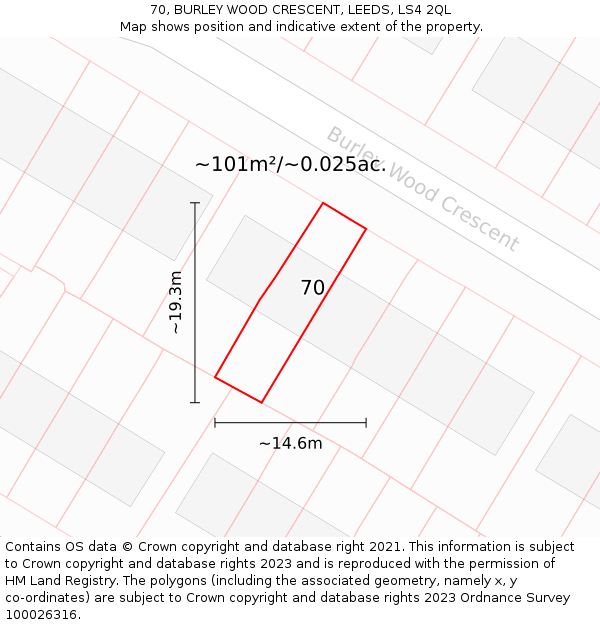 70, BURLEY WOOD CRESCENT, LEEDS, LS4 2QL: Plot and title map