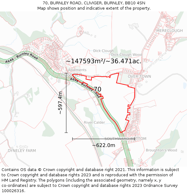 70, BURNLEY ROAD, CLIVIGER, BURNLEY, BB10 4SN: Plot and title map