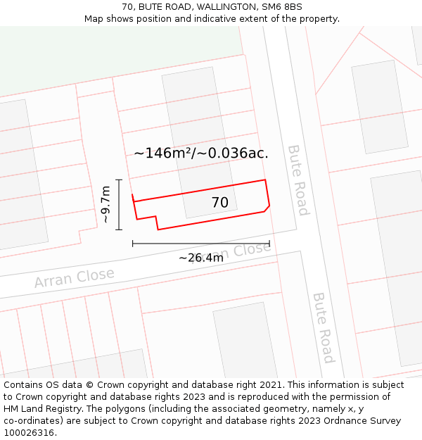 70, BUTE ROAD, WALLINGTON, SM6 8BS: Plot and title map