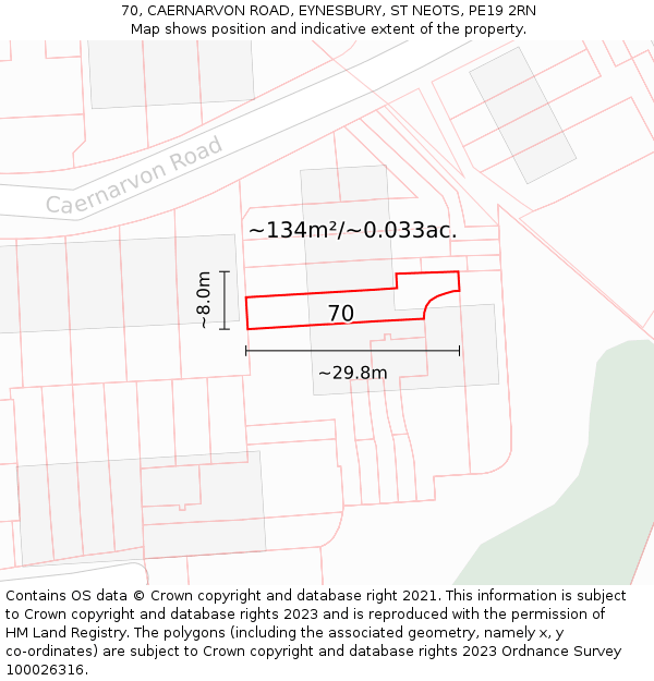 70, CAERNARVON ROAD, EYNESBURY, ST NEOTS, PE19 2RN: Plot and title map