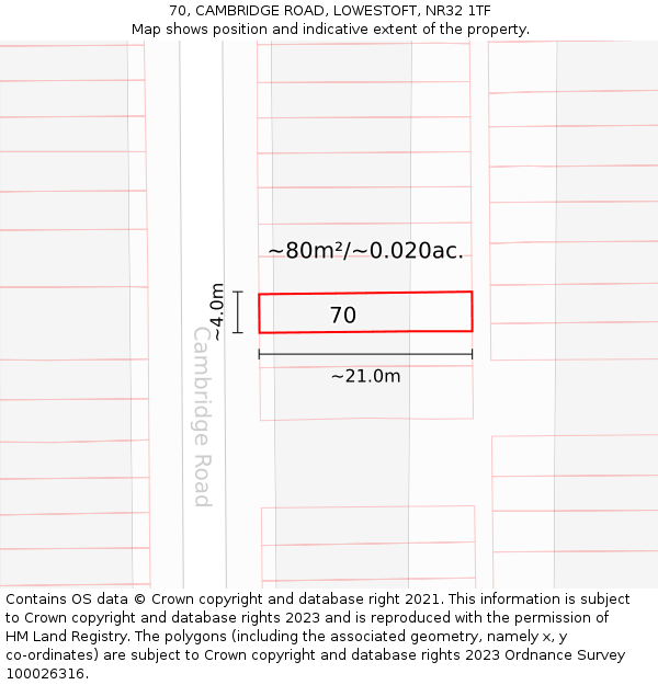 70, CAMBRIDGE ROAD, LOWESTOFT, NR32 1TF: Plot and title map