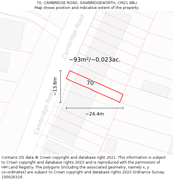 70, CAMBRIDGE ROAD, SAWBRIDGEWORTH, CM21 9BU: Plot and title map