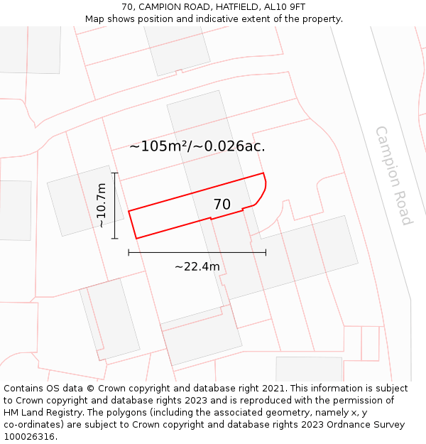 70, CAMPION ROAD, HATFIELD, AL10 9FT: Plot and title map
