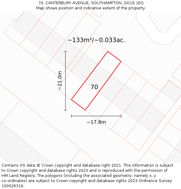 70, CANTERBURY AVENUE, SOUTHAMPTON, SO19 1EG: Plot and title map