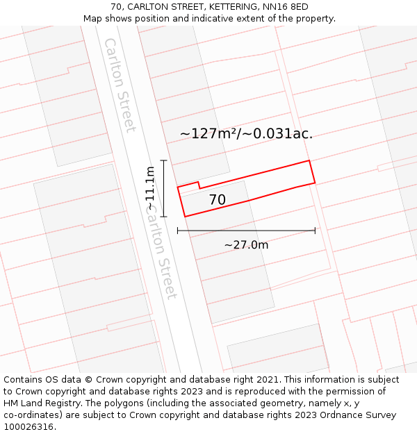 70, CARLTON STREET, KETTERING, NN16 8ED: Plot and title map