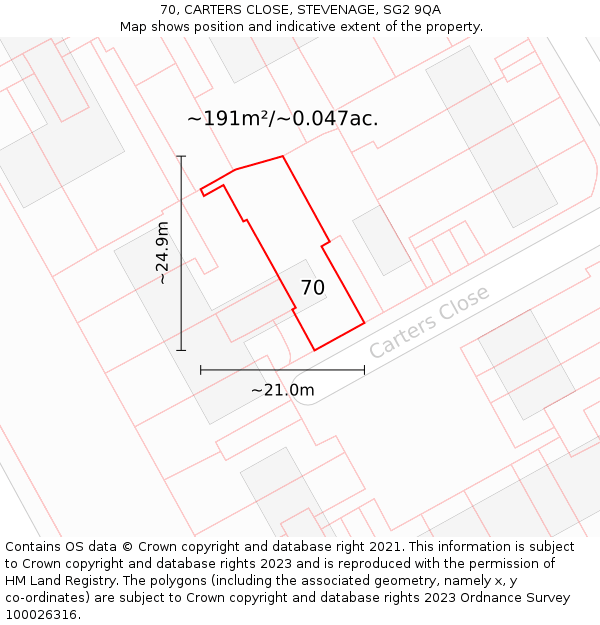 70, CARTERS CLOSE, STEVENAGE, SG2 9QA: Plot and title map