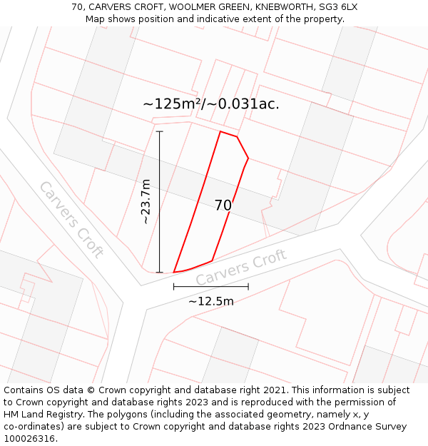 70, CARVERS CROFT, WOOLMER GREEN, KNEBWORTH, SG3 6LX: Plot and title map