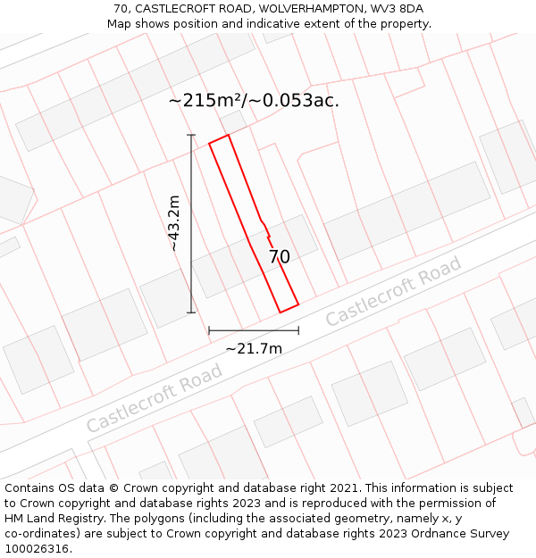 70, CASTLECROFT ROAD, WOLVERHAMPTON, WV3 8DA: Plot and title map