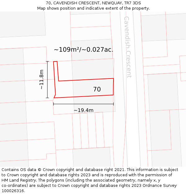 70, CAVENDISH CRESCENT, NEWQUAY, TR7 3DS: Plot and title map