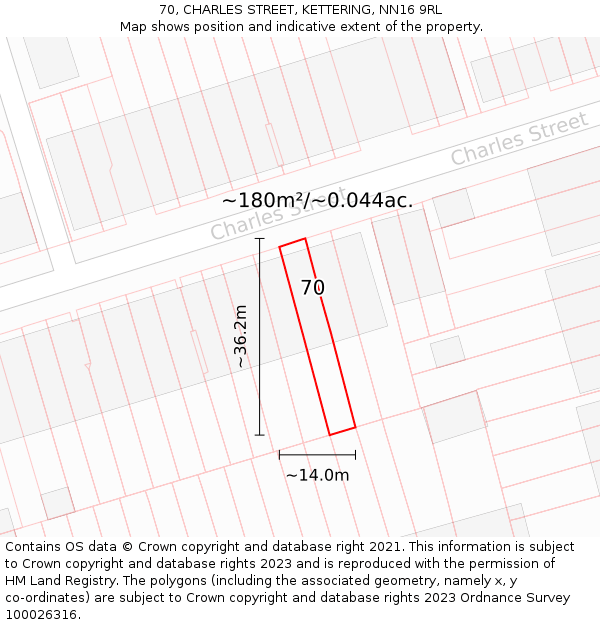 70, CHARLES STREET, KETTERING, NN16 9RL: Plot and title map