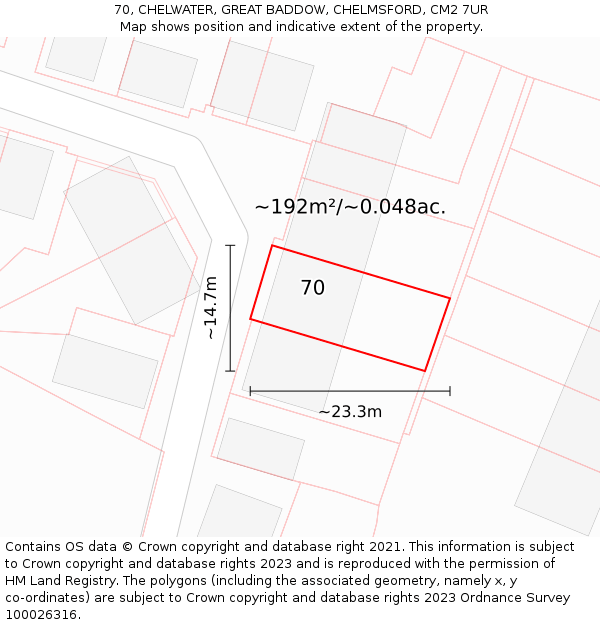 70, CHELWATER, GREAT BADDOW, CHELMSFORD, CM2 7UR: Plot and title map