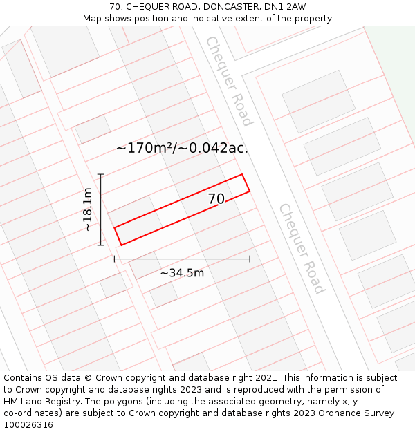 70, CHEQUER ROAD, DONCASTER, DN1 2AW: Plot and title map