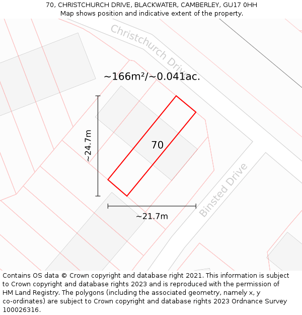 70, CHRISTCHURCH DRIVE, BLACKWATER, CAMBERLEY, GU17 0HH: Plot and title map