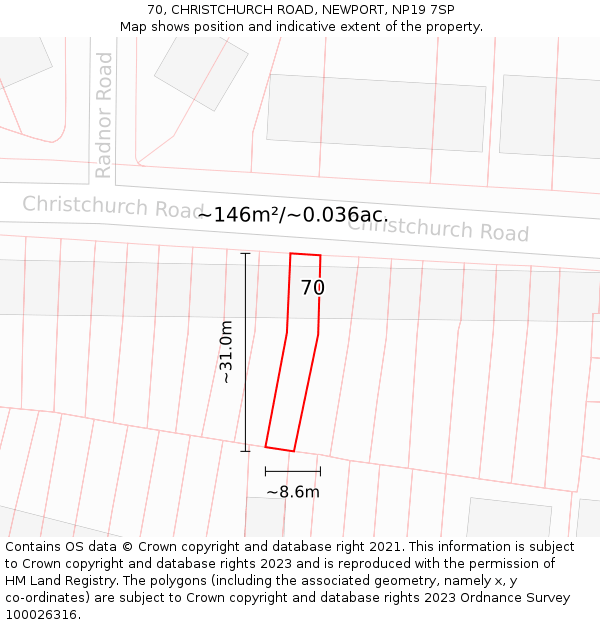 70, CHRISTCHURCH ROAD, NEWPORT, NP19 7SP: Plot and title map