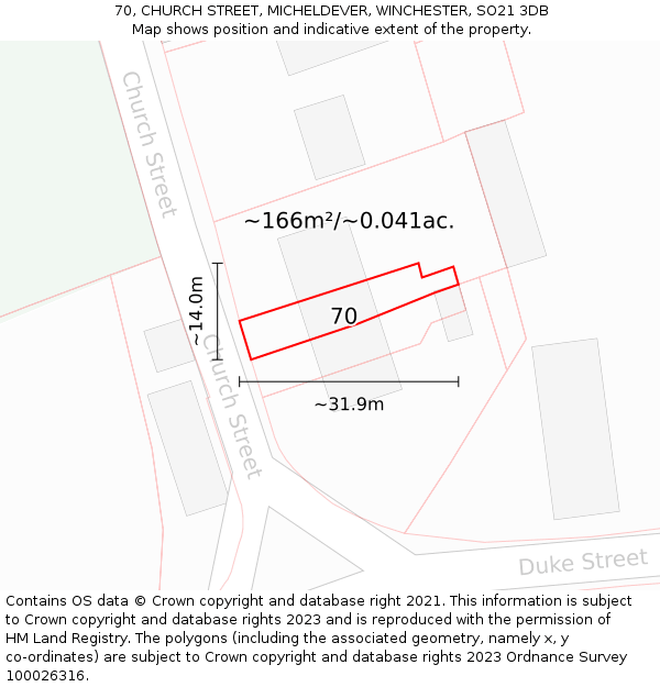 70, CHURCH STREET, MICHELDEVER, WINCHESTER, SO21 3DB: Plot and title map