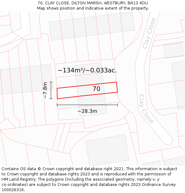 70, CLAY CLOSE, DILTON MARSH, WESTBURY, BA13 4DU: Plot and title map