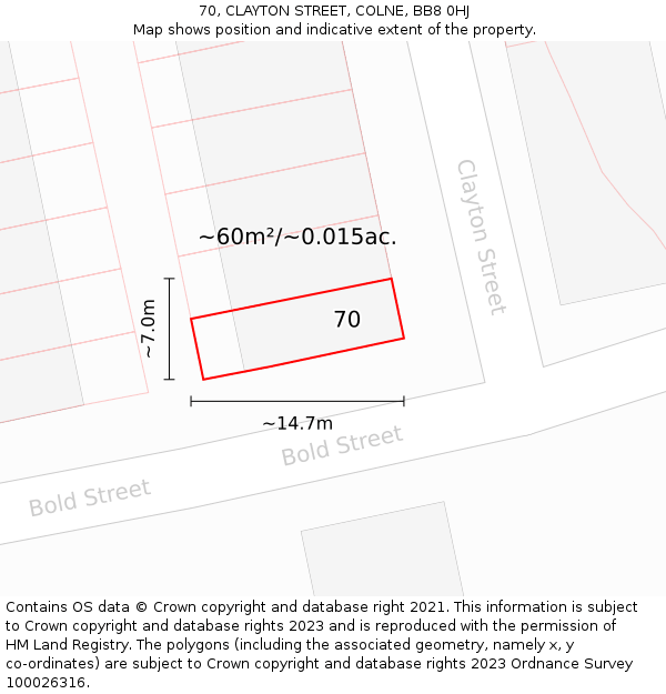 70, CLAYTON STREET, COLNE, BB8 0HJ: Plot and title map