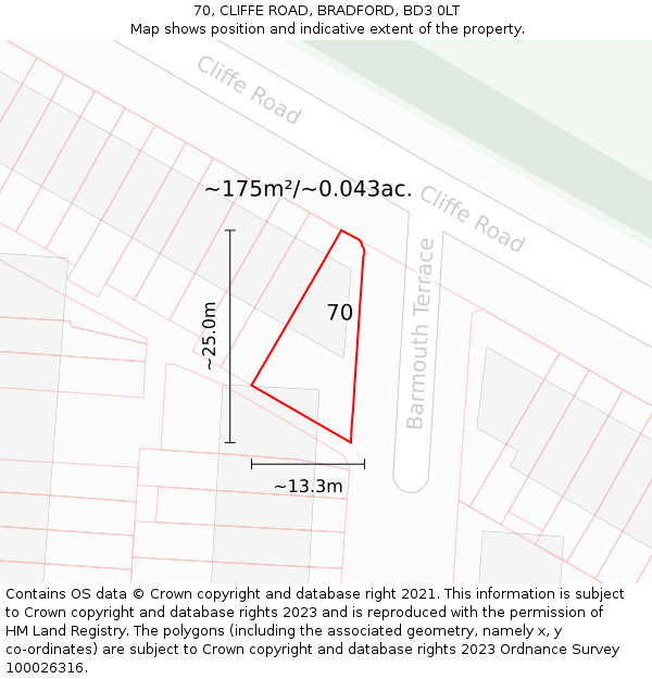 70, CLIFFE ROAD, BRADFORD, BD3 0LT: Plot and title map