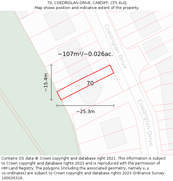 70, COEDRIGLAN DRIVE, CARDIFF, CF5 4UQ: Plot and title map
