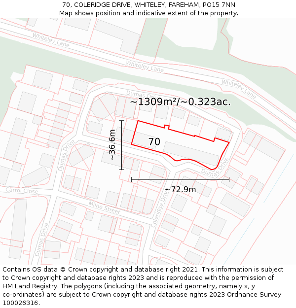 70, COLERIDGE DRIVE, WHITELEY, FAREHAM, PO15 7NN: Plot and title map