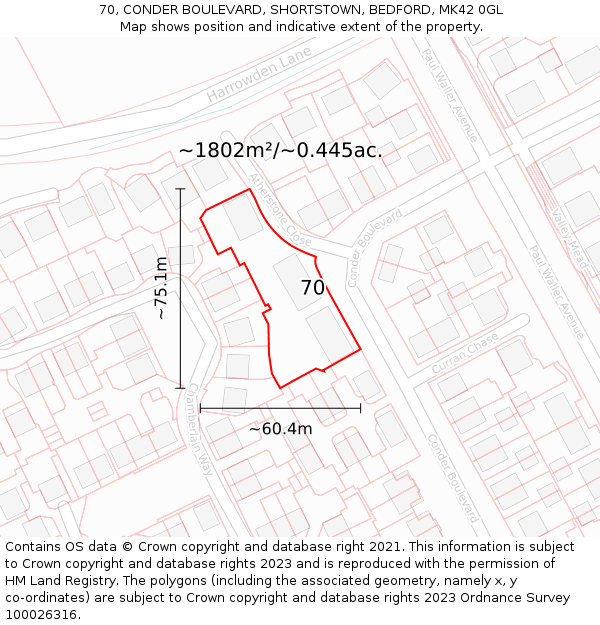 70, CONDER BOULEVARD, SHORTSTOWN, BEDFORD, MK42 0GL: Plot and title map