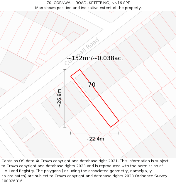 70, CORNWALL ROAD, KETTERING, NN16 8PE: Plot and title map