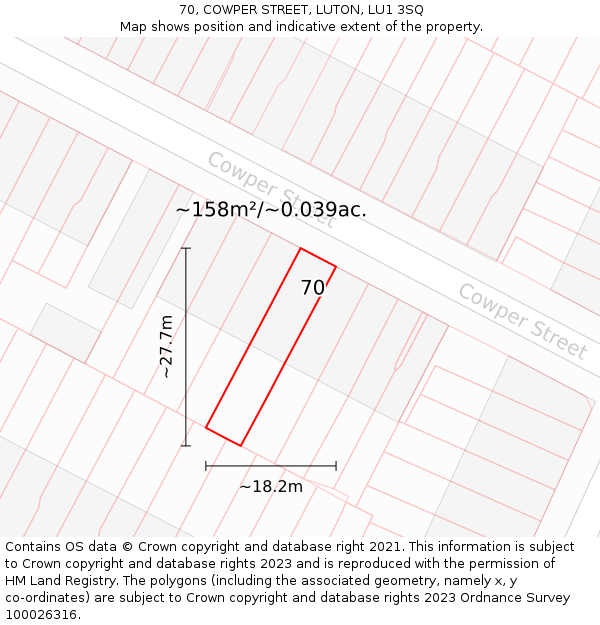 70, COWPER STREET, LUTON, LU1 3SQ: Plot and title map