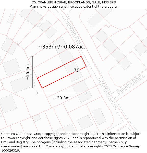 70, CRANLEIGH DRIVE, BROOKLANDS, SALE, M33 3PS: Plot and title map